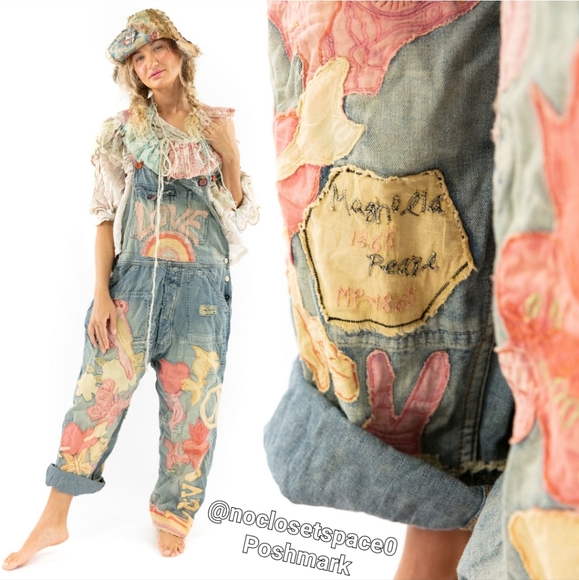 New Magnolia Pearl Love Applique Overalls Woodstock 039 Overall Denim Jean Jeans - Picture 4 of 17
